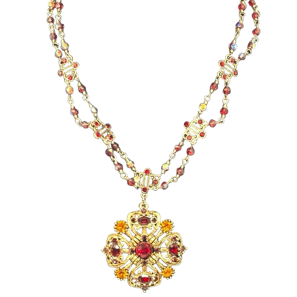 AVON Vintage Maltese Festoon Nina Ricci Necklace Rhinestone Medallion Red Gold